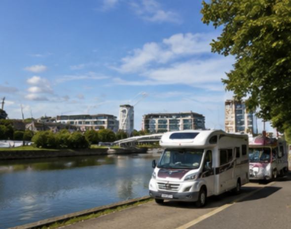 Motorhome travel beside the River Parrett in Bridgwater, Somerset