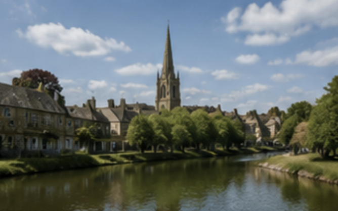 Historic Cirencester and waterside scenery in the Cotswolds