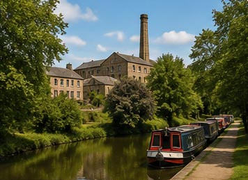 Batley canal with narrowboats and historic mill buildings in West Yorkshire