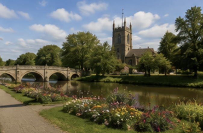 Riverside gardens and historic church near Clifton in the East Midlands