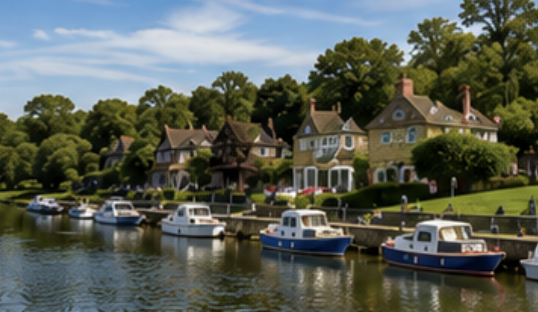 River Thames and riverside homes near Molesey in Surrey