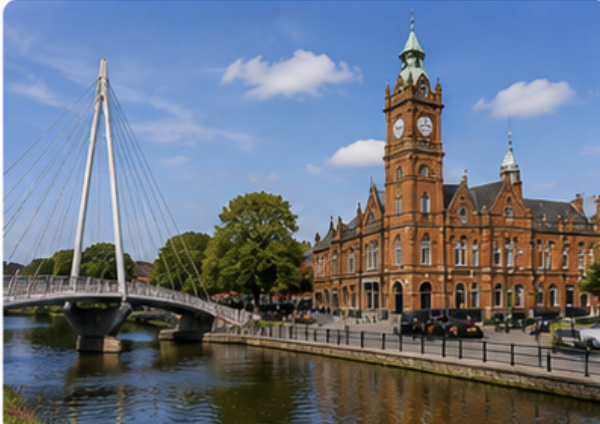 Wigan town centre and waterfront in Greater Manchester