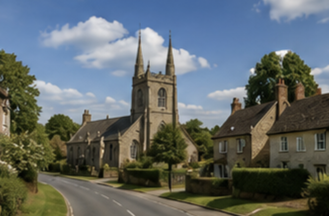 Village church and traditional streets near Oadby, Leicestershire