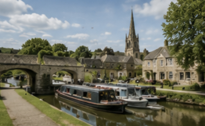 Canal, stone bridge and historic buildings near Calne in Wiltshire