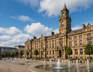 Dewsbury town centre and historic architecture in West Yorkshire