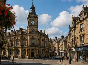 Morley town centre in West Yorkshire featuring the historic town hall clock tower and traditional shops