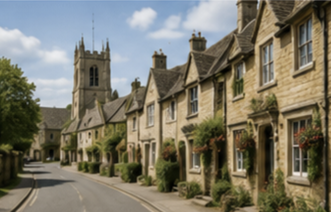 Historic stone cottages and traditional street in Witney, Oxfordshire