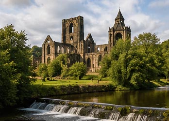 Historic Kirkstall Abbey beside the River Aire in West Yorkshire