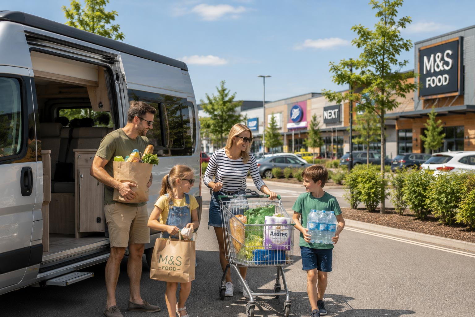 Family stocking up their campervan for a holiday near Hedge End, Hampshire