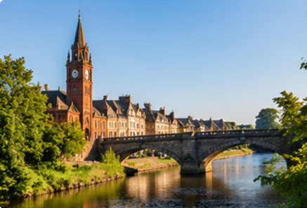 Historic architecture and riverside near Rutherglen, Glasgow